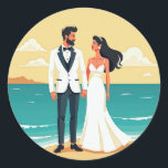 Beach Wedding Romantik Sticker Runt Klistermärke<br><div class="desc">En illustration av ett par i bröllop attire som står på stranden vid solnedgången,  perfekt för bröllop firande.</div>