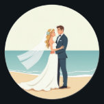 Beach Wedding Romantik Stickers Runt Klistermärke<br><div class="desc">Fintvätt illustrerar en brud och en groom på stranden som är idealisk för bröllop firande och romantiskt tillfälle.</div>
