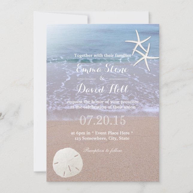 Beach Wedding Sand Dollar & Starfish Inbjudningar (Framsida)