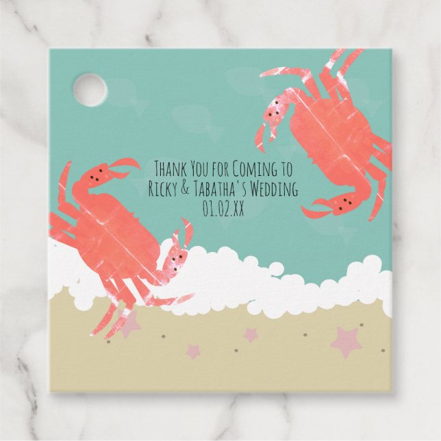 Beach Wedding Sand Fish Crabs Vinkarare Gåvor Etiketter (Framsida)