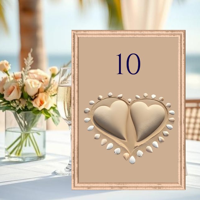 Beach Wedding Sand Hearts Bordsnummer (Beach Wedding Sand Hearts- Table Number )