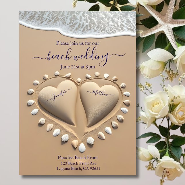 Beach Wedding-Sand Hearts Inbjudningar (Beach Wedding-Sand Hearts Invitation )