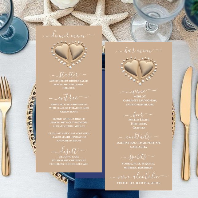 Beach Wedding Sand Hearts Middag och Pub Menu Meny (Beach Wedding Sand Hearts Dinner & Bar Menu)