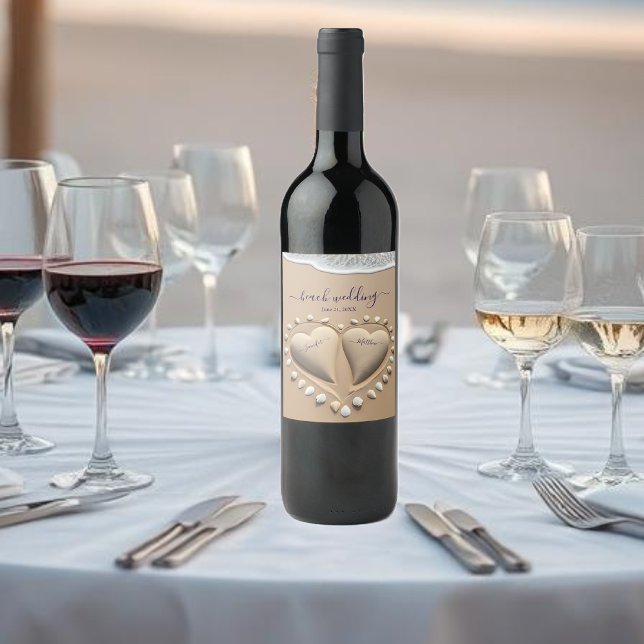 Beach Wedding Sand Hearts Vinflaska Etikett (Beach Wedding Sand Hearts Wine Label )