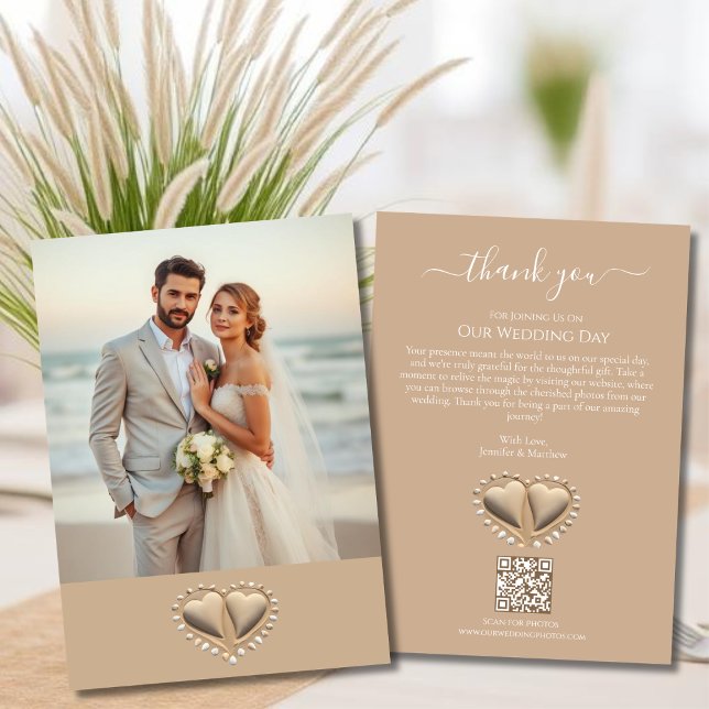 Beach Wedding Sand Hearts with Photo Inbjudningar (Sand Hearts Beach Wedding Collection Thank you Card with Photo and QR code)