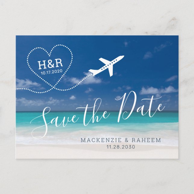 Beach Wedding Save the Date Airplane Destination Meddelande Vykort (Framsida)