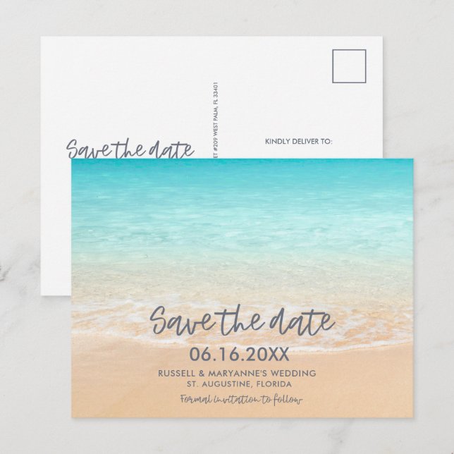 Beach Wedding Save the Date Postcard Meddelande Vykort (Fram/baksida)