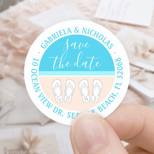 Beach Wedding Save the Date Returetiketters Runt Klistermärke
