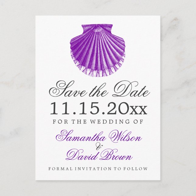 Beach Wedding Save the Date Scallop Snäcka Lila Meddelande Vykort (Framsida)