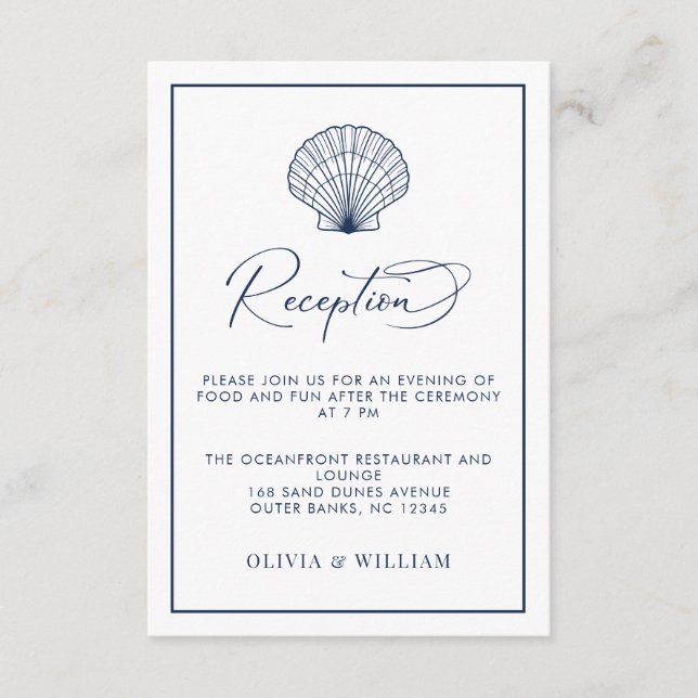 Beach Wedding Seashell Navy Blue Reception Tilläggskort (Framsida)