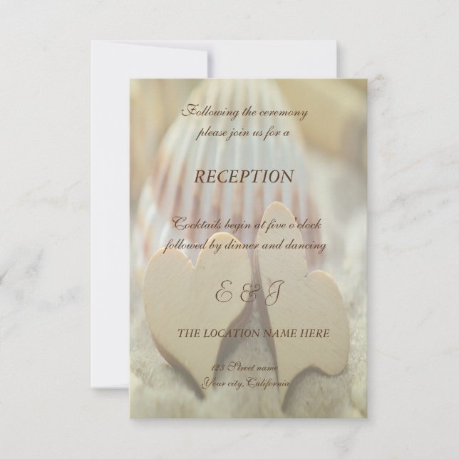 Beach Wedding,,Seashell,Wood Hearts Reception Inbjudningar (Framsida)