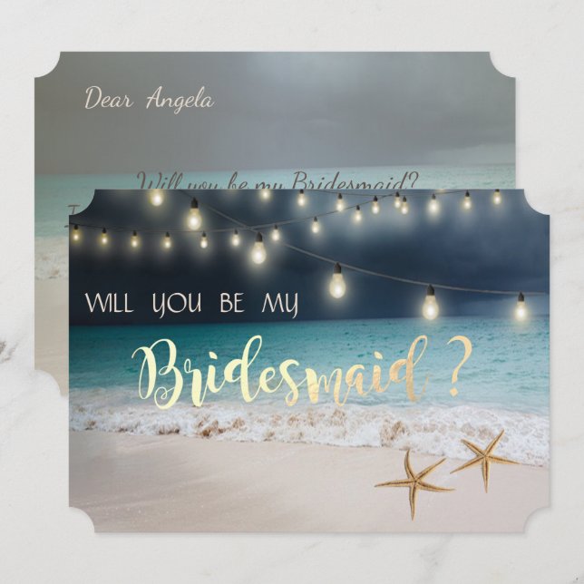 Beach Wedding Seastars Ljus Bridesmaid Card Inbjudningar (Fram/baksida)