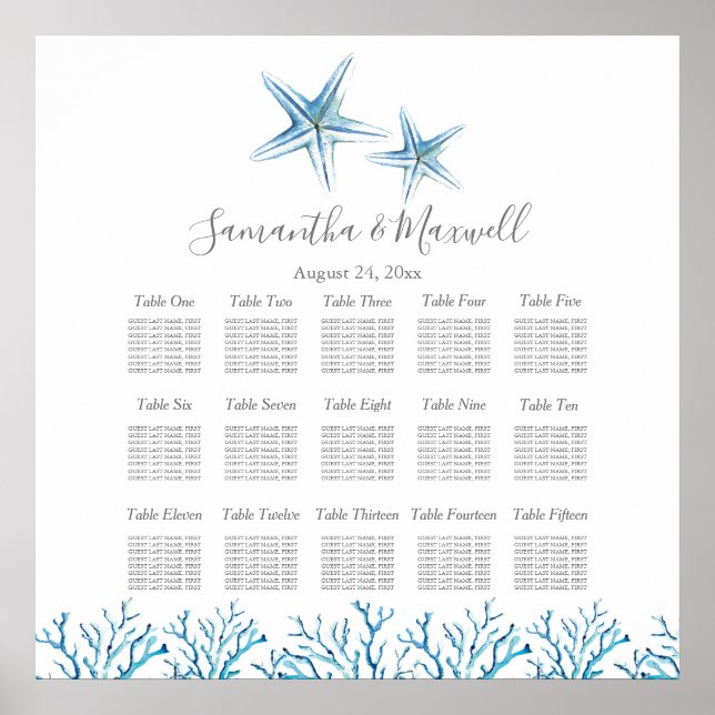 Beach Wedding SEATCHART, Starfish Coral Poster (Framsidan)
