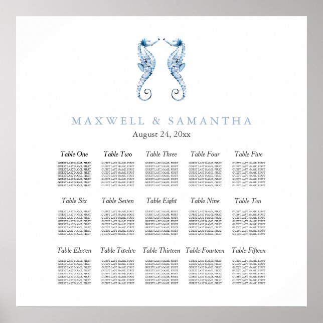 Beach Wedding Seating Chart Elegant Dusty Blue Poster (Framsidan)