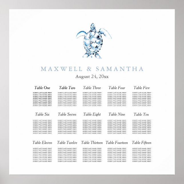 Beach Wedding Seating Chart Elegant Dusty Blue Poster (Framsidan)