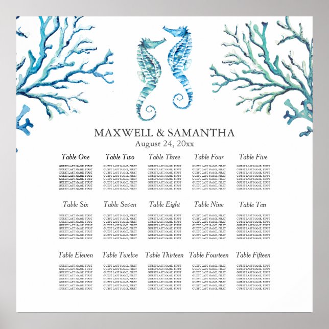 Beach Wedding SEATING CHART Seahorse Poster (Framsidan)
