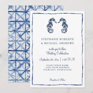 Beach Wedding Shibori Indigo Watercolor Seahorse Inbjudningar