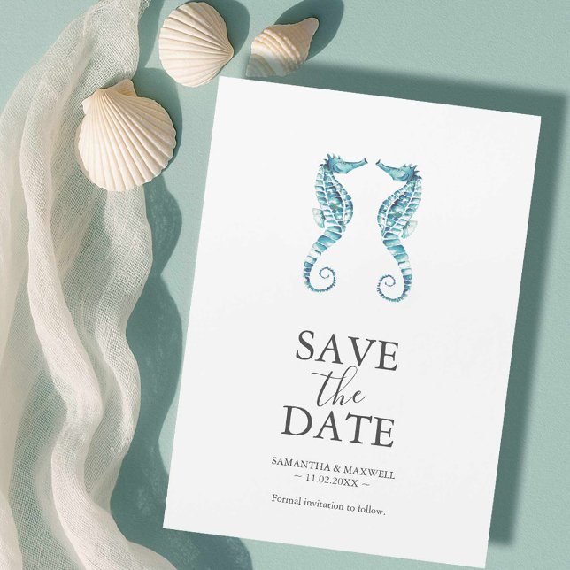 Beach Wedding Spara datum magneter (Beach wedding looks watercolor seahorse art by Victoria Grigaliunas of Do Tell A Belle)