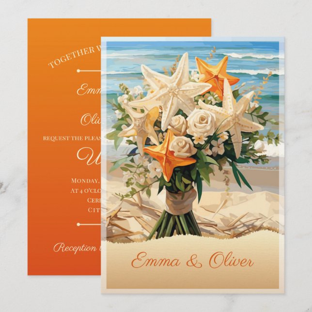 Beach Wedding Starfish Bouquet-inbjudan Inbjudningar (Fram/baksida)