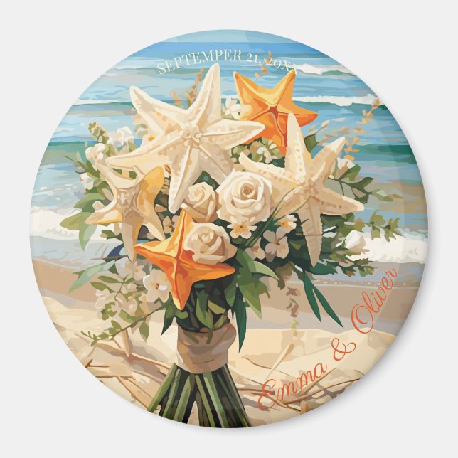 Beach Wedding Starfish Bouquet Magnetic Button Magnet (Framsidan)