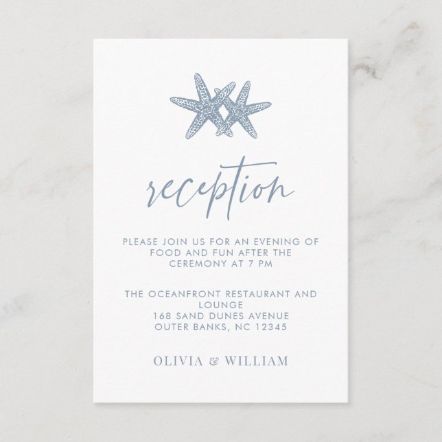 Beach Wedding Starfish Dusty Blue Reception Tilläggskort (Framsida)