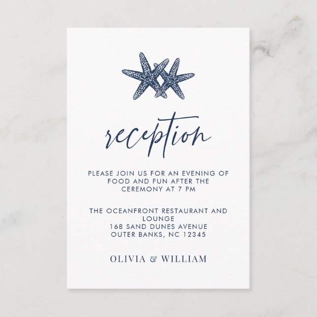 Beach Wedding Starfish Navy Blue Reception Tilläggskort (Framsida)