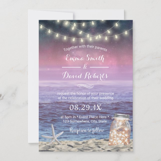 Beach Wedding Starfish String Ljus Mason Burk Inbjudningar (Framsida)