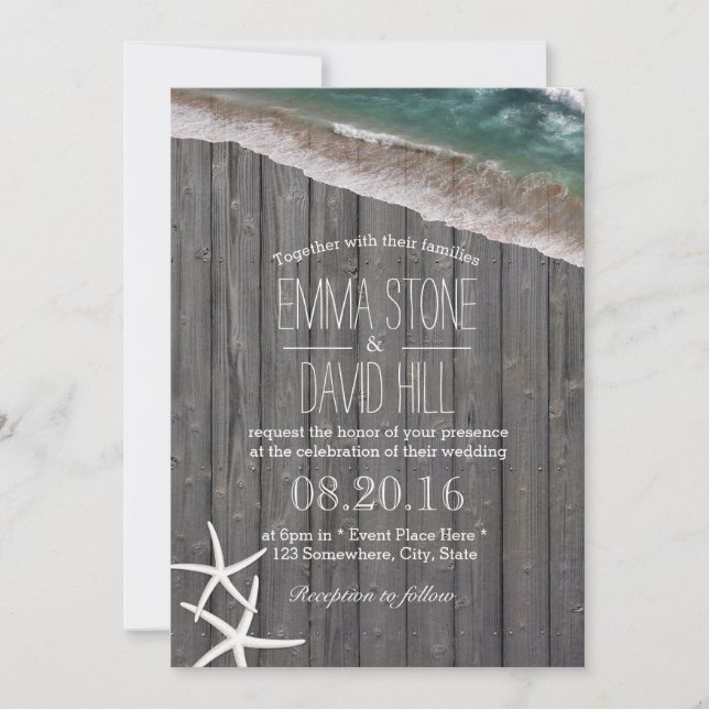Beach Wedding Starfish & Vågar Rustic Wood Inbjudningar (Framsida)