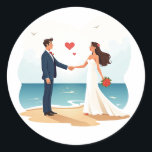 Beach Wedding Sticker Runt Klistermärke<br><div class="desc">Celebrate your love with this charming sticker depicting a couple exchanging vows on a serene beach,  featuring floating hearts and a beautiful ocean backdrop.</div>