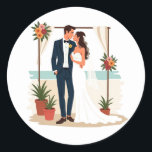 Beach Wedding Sticker Runt Klistermärke<br><div class="desc">Fintvätt illustration av en brud och en groom som delar en kyss under en blommigt på stranden,  perfekt för att anpassa gåvor.</div>