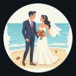 Beach Wedding Sticker  Runt Klistermärke<br><div class="desc">Celebrate your love at the beach with this adorable sticker of a couple in wedding attire standing by the ocean,  perfect for couples and wedding enthusiasts.</div>