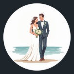 Beach Wedding Sticker Runt Klistermärke<br><div class="desc">Fintvätt illustration av ett nylott par på stranden vid solnedgången,  perfekt för bröllop dekoration och romantiska ögonblick.</div>