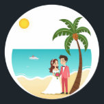 Beach Wedding Sticker Runt Klistermärke<br><div class="desc">Adorable sticker featuring a smiling couple in wedding attire standing on a sandy beach with a palm tree,  ocean waves,  a cruise ship,  and a bright sun in the background. Perfect for enhancing wedding-themed decor and mementos.</div>