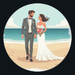 Beach Wedding Sticker  Runt Klistermärke<br><div class="desc">Adorable sticker featuring a happy couple in wedding attire on a serene beach,  perfect for weddings and couples.</div>