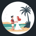 Beach Wedding Sticker Runt Klistermärke<br><div class="desc">Stylish illustration of a couple exchanging vows on a tropical beach,  perfect for wedding and honeymoon themed decor.</div>