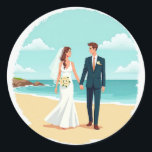 Beach Wedding Sticker Runt Klistermärke<br><div class="desc">Adorable sticker featuring a bride and groom holding hands on a serene beach with waves gently kissing the shore.</div>
