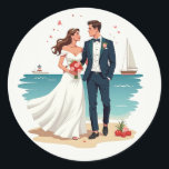 Beach Wedding Sticker Runt Klistermärke<br><div class="desc">Delightful illustration of a bride and groom on a beach with sailboats in the background,  perfect for wedding decor or romantic gestures.</div>