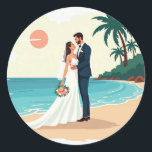 Beach Wedding Sticker Runt Klistermärke<br><div class="desc">This charming sticker features a loving couple in wedding attire standing on a serene beach with palm trees and a sunset in the background,  perfect for celebrating love and romance.</div>