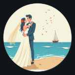 Beach Wedding Sticker Runt Klistermärke<br><div class="desc">Adorable sticker featuring a bride and groom on the beach with sea and sailboat background,  perfect for weddings and romantic gifts.</div>