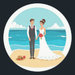 Beach Wedding Stickers Runt Klistermärke<br><div class="desc">Add a touch of romance and celebration to your items with these delightful beach wedding stickers featuring a bride and groom enjoying a seaside ceremony. Perfect for weddings,  gifts,  and romantic decor.</div>