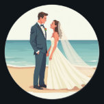 Beach Wedding Stickers Runt Klistermärke<br><div class="desc">En bra illustration av en brud och groom på strandens perfekt för dekorationer i bröllop.</div>