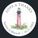Beach Wedding Stickers Template Lighthouse Runt Klistermärke<br><div class="desc">Bröllopesterna har en vattenfärg Jupiter,  Florida fyr. Använda mallen fält om du vill lägga till anpassningsbarna tack för texten. Ett charmerande val för destination,  kust,  nautiska land,  bröllop i havet gynnar och ger. Victoria Grigaliunas från Do Berätta för en Belle.</div>