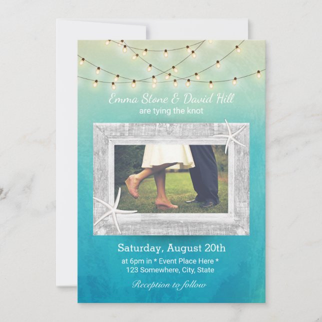 Beach Wedding String Ljus Watercolor med Photo Inbjudningar (Framsida)