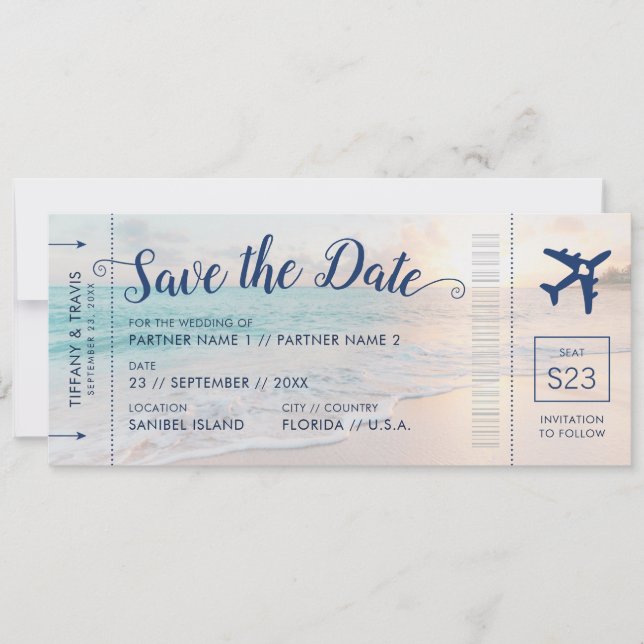 Beach Wedding Sunset Boarding Pass Spara datum Meddelande (Framsida)
