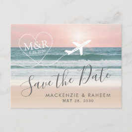 Beach Wedding Sunset Heart Airplane Save the Date Meddelande Vykort