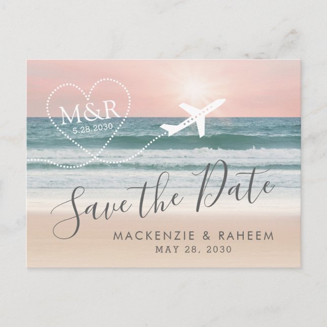 Beach Wedding Sunset Heart Airplane Save the Date Meddelande Vykort (Framsida)