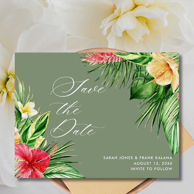 Beach Wedding Tropical Blommigt Spara datum Meddelande Vykort (Beach Wedding Tropical Floral Save the Date Postcard)