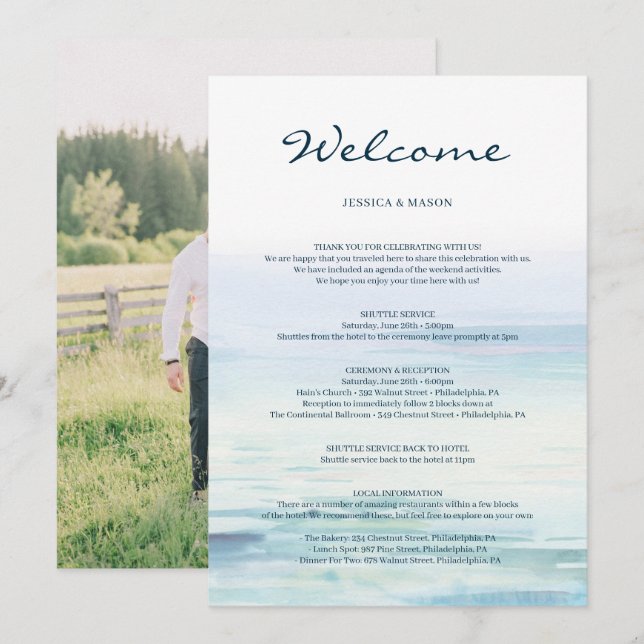 Beach Wedding Välkommen Itinerary Brev Program (Fram/baksida)