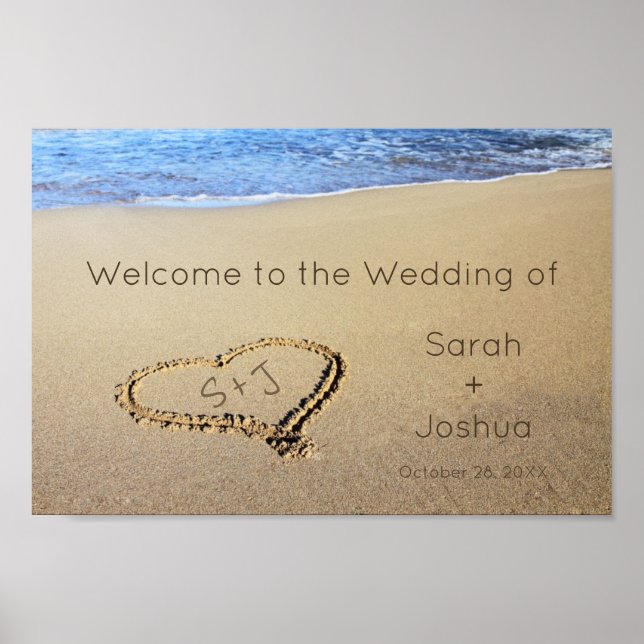 Beach Wedding Välkomstskylt Sand Heart Initialer Poster (Framsidan)