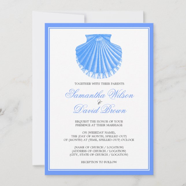 Beach Wedding Vintage Scallop Snäcka Blue Inbjudningar (Framsida)